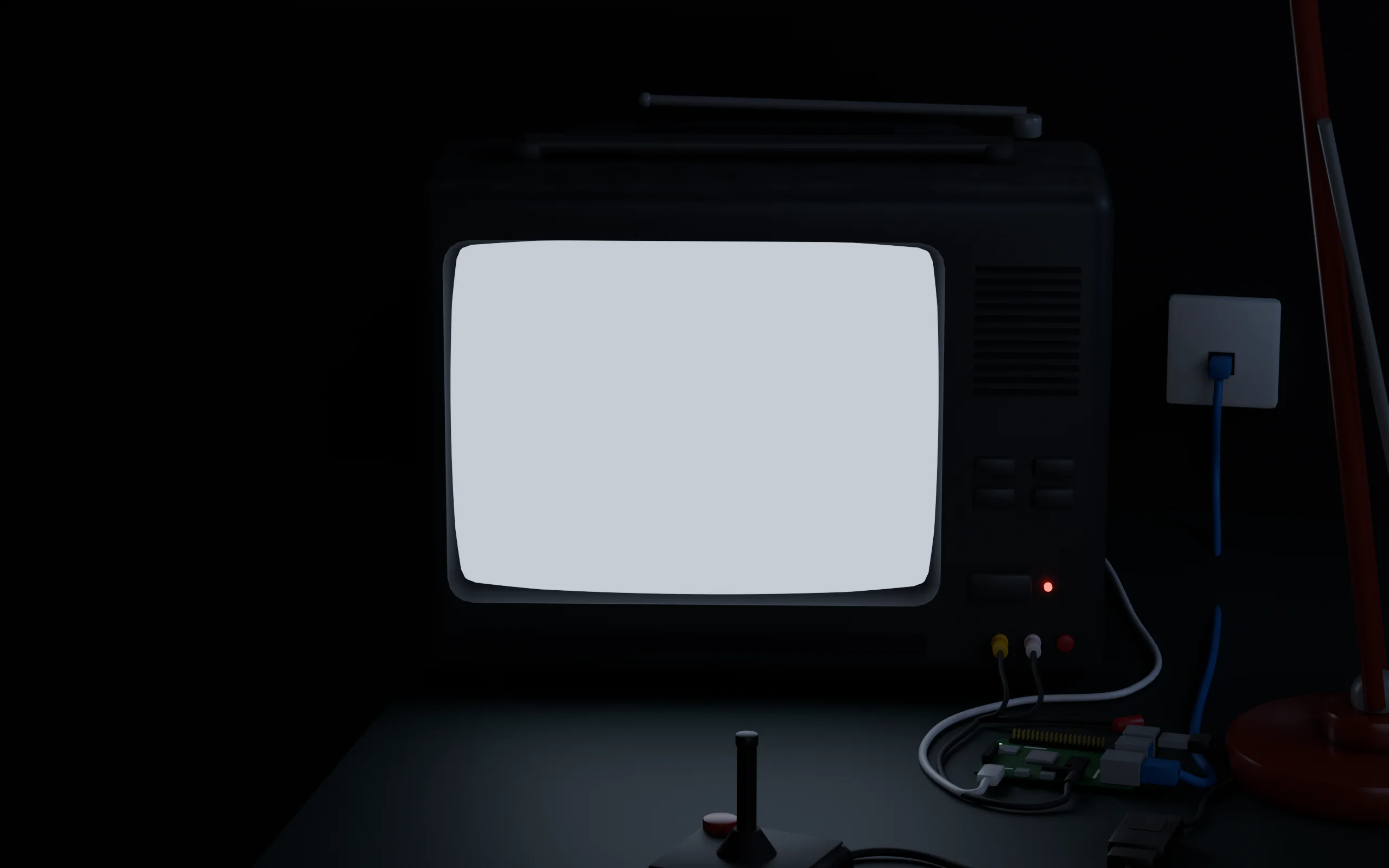 An old portable television on a desk in a dark room. A joystick lies in front of it, and a bare circuit board is wired to it.